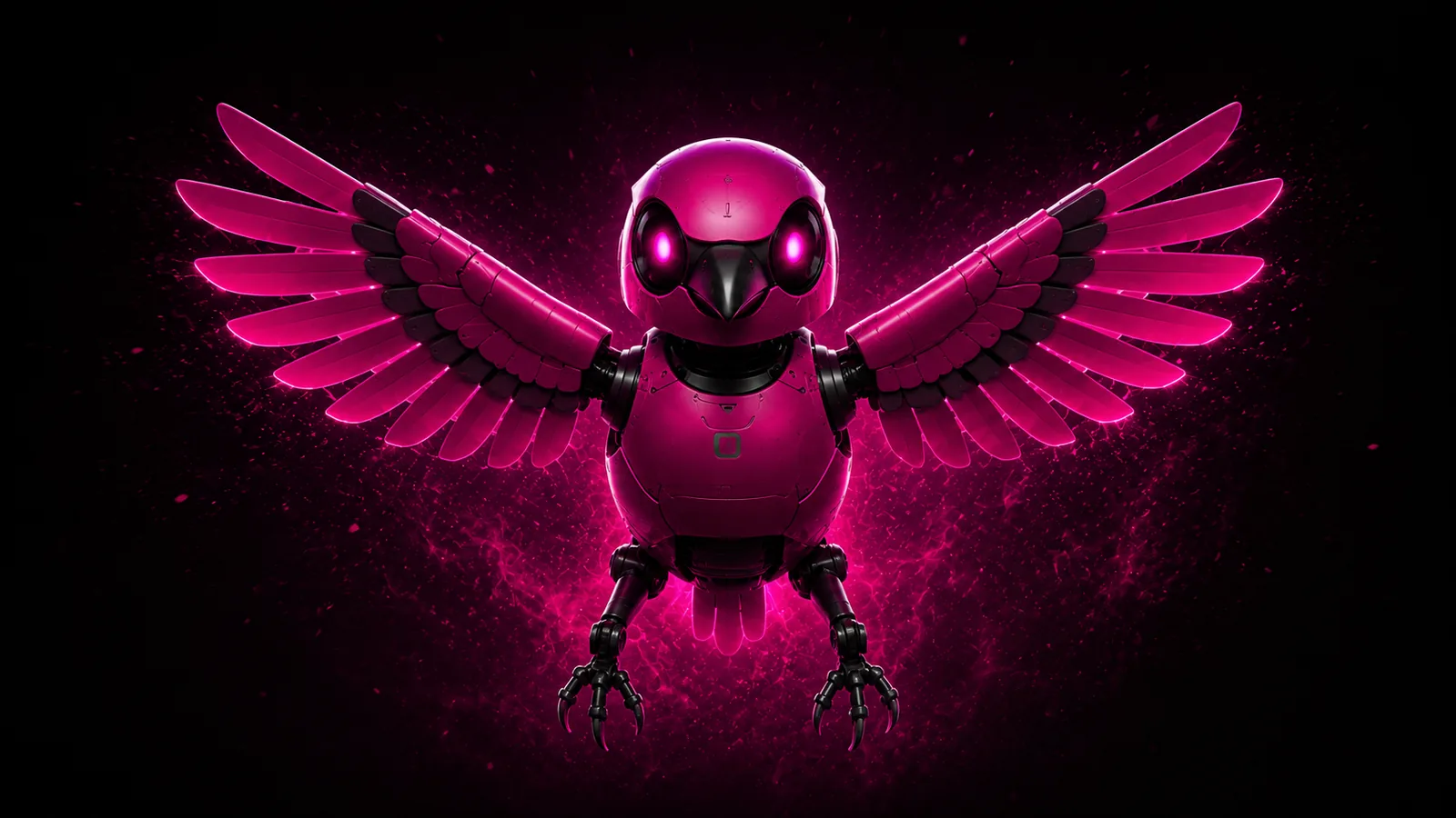Mascota robot de HackanarIA de frente con las alas extendidas