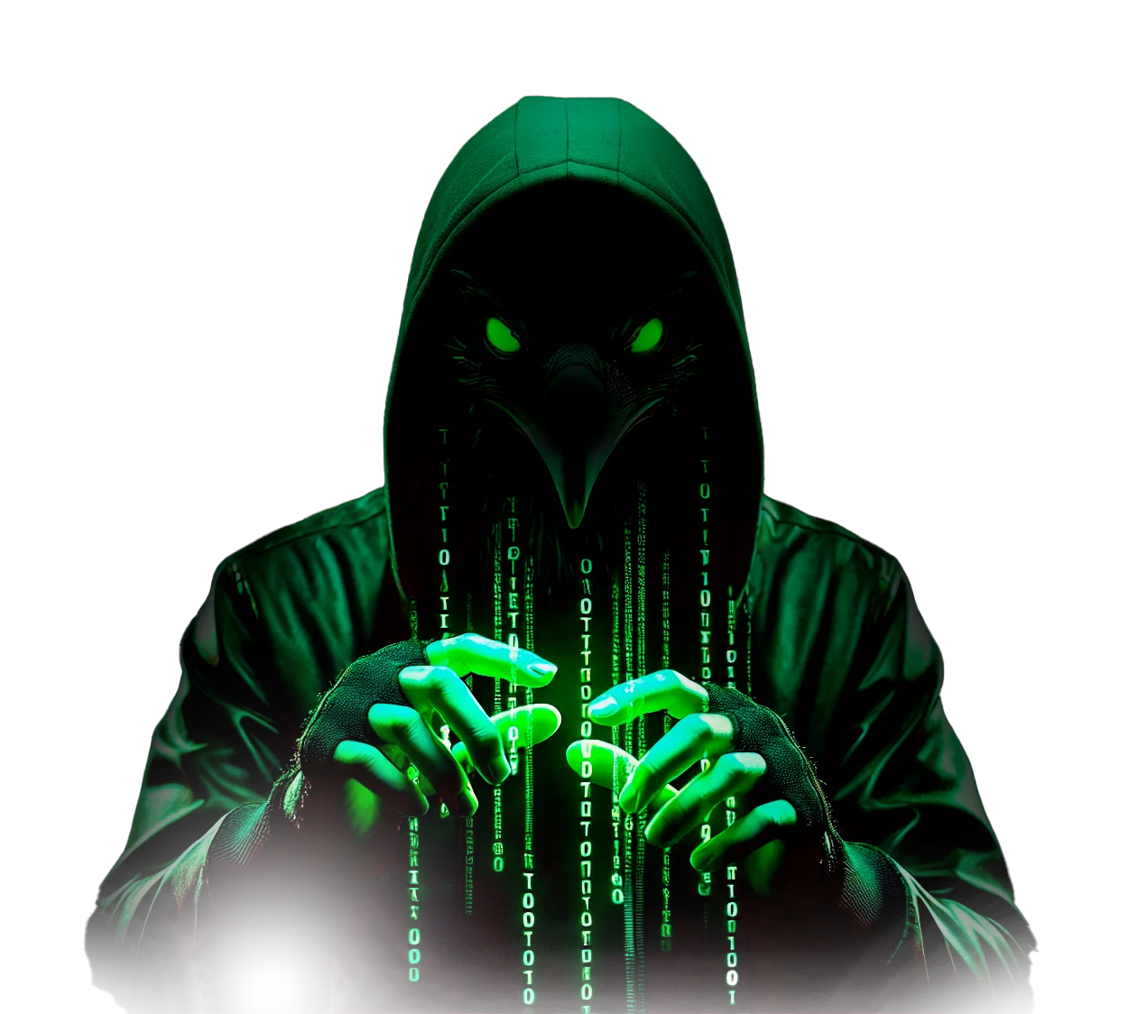 Manos de hacker sobre teclado con código verde